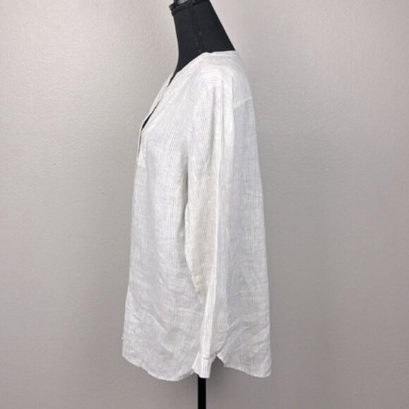 Sundance Linen Tuxedo Bib Tunic Top Stripe Long Sleeve Button-up Cream Blouse LP - Picture 5 of 8